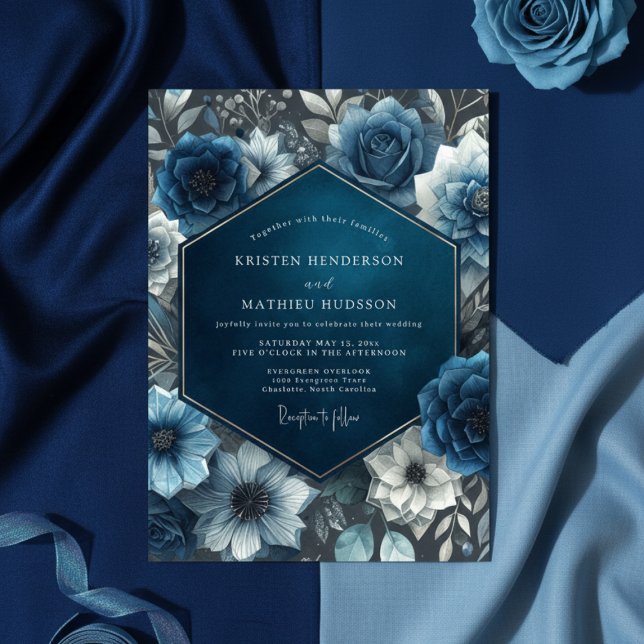 Convite Midnight Blue Floral Bloom Wedding (Criador carregado)