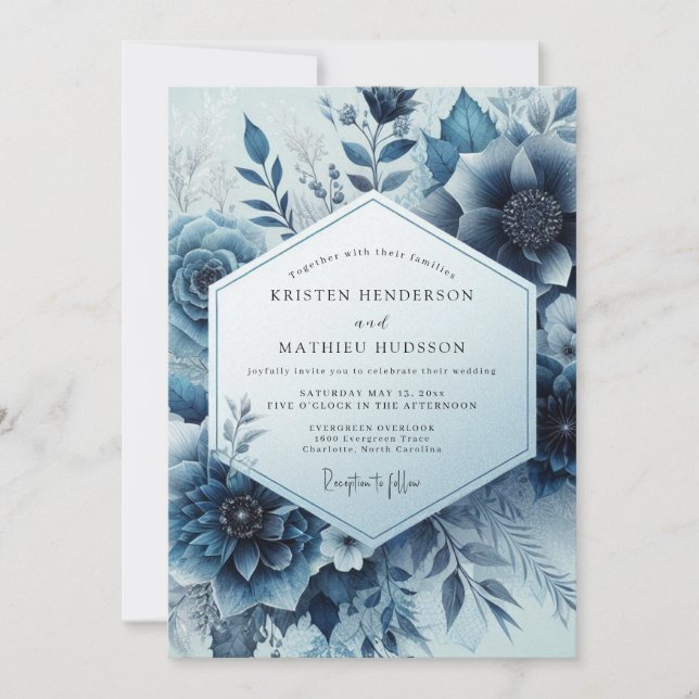 Convite Midnight Blue Floral Bloom Wedding (Frente)