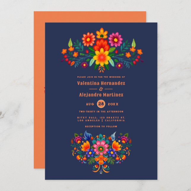 Convite Midnight Blue & Papaya Folk Art Fiesta Wedding (Frente/Verso)