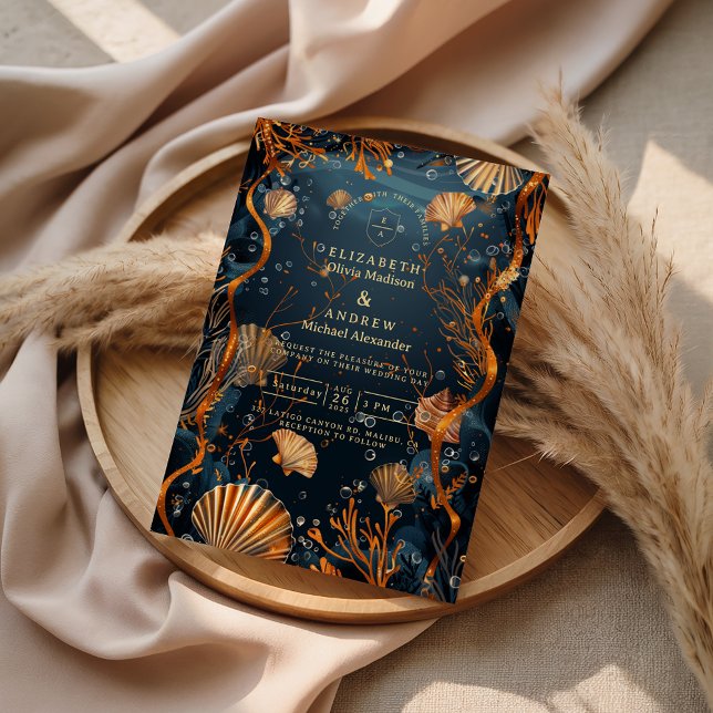 Convite Midnight Deep Sea Gold Nautical Wedding (Criador carregado)