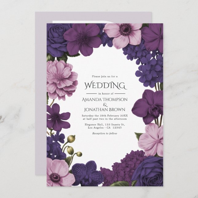 Convite Midnight Iris, Velvet Plum & Dusty Petal Wedding (Frente/Verso)