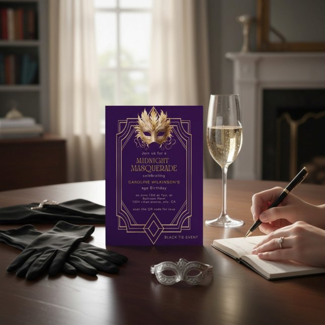 Convite Midnight Masquerade Gold Feather Mask Purple (Criador carregado)