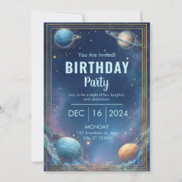 Convite Midnight Nebula Cloud Triple Gold Frame Birthday