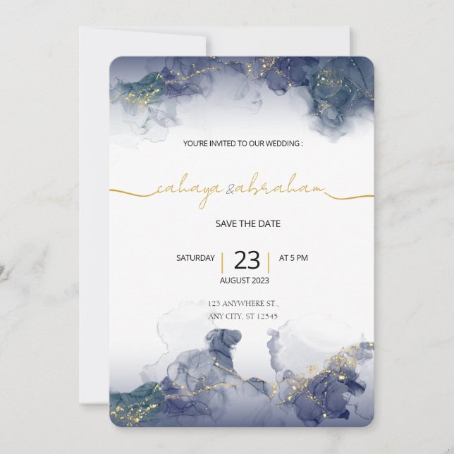 Convite Midnight Sky & Gold Veins Moody Modern Wedding  (Frente)