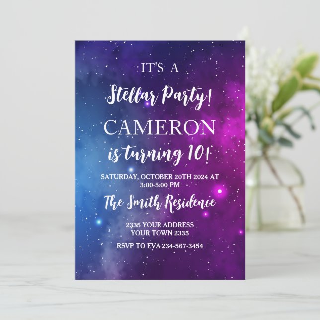 Convite Midnight Sky & Shining Stars Galaxy Birthday Party (Em pé/Frente)