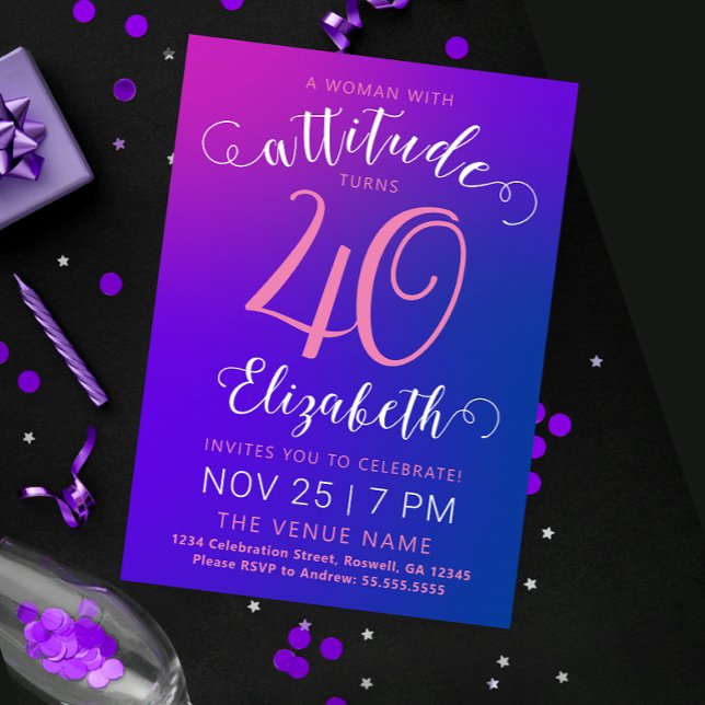 Convite Milestone 40 Ombre Azul Roxo Elegante (Criador carregado)