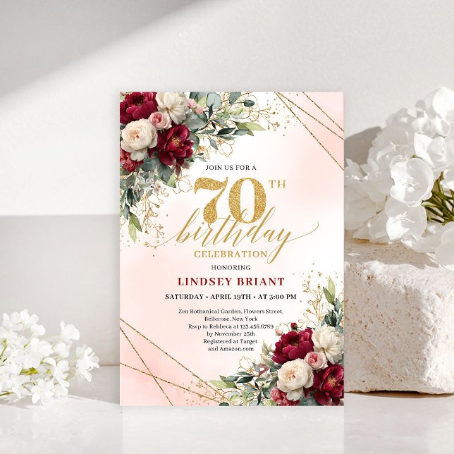 Convite Milestone Gold Floral 70th Birthday Party Invites (Milestone Gold Floral 70th Birthday Party Invitation)