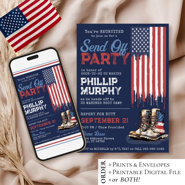 Convite Military Send Off US Flag Boots Party Going Away (Digital patriotic red white and blue American flag combat boots military send off party invitation)