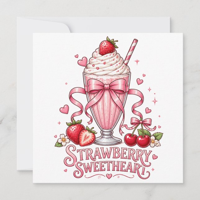 Convite Milkshake de Morango Cute Rosa Sobremesa Doce Trat (Frente)