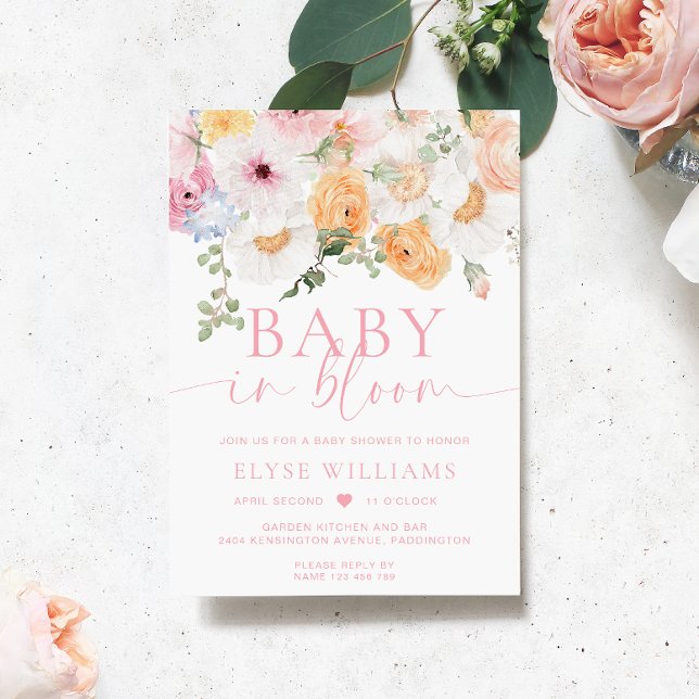 Convite Millie Floral Baby In Bloom Chá de fraldas (Baby Shower Invitation Millie Floral )