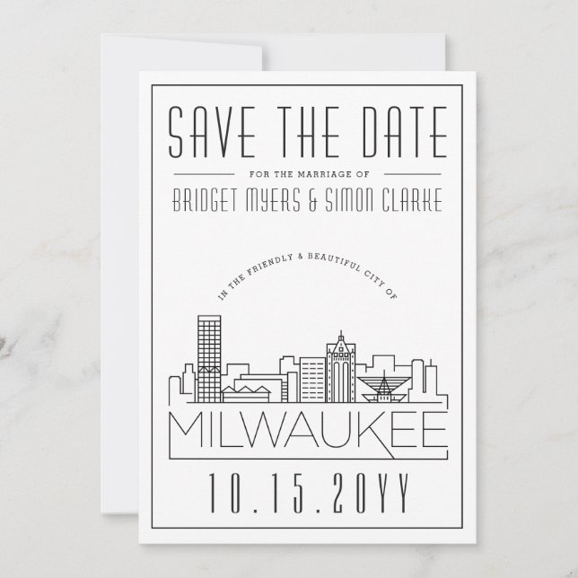 Convite Milwaukee Wedding | Skyline Estilizado Salvar a Da (Frente)