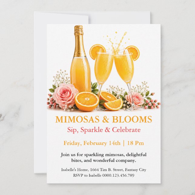 Convite Mimosas e Flores - Festa de Brunch com Champanhe (Frente)