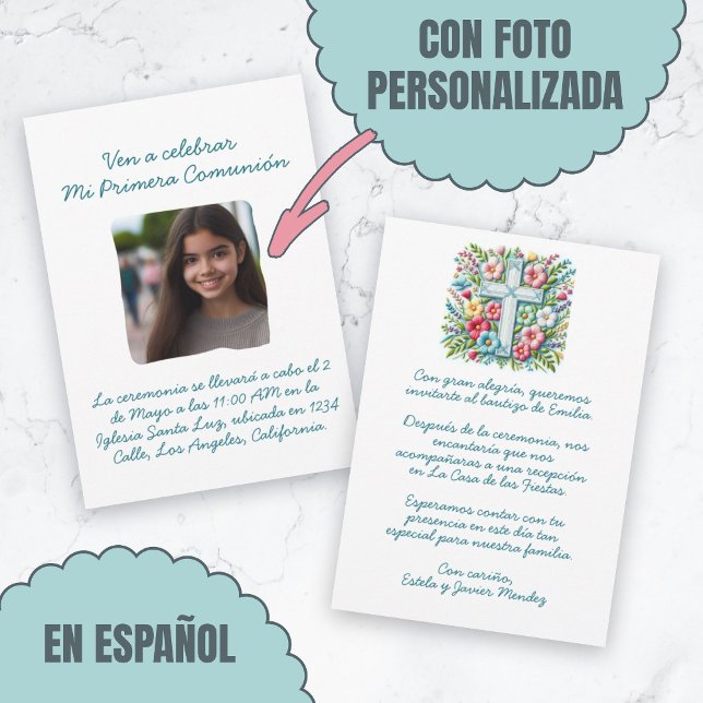 Convite Minha Primeira Comunhão com foto Cruz e Flores (Mi Primera Comunión con foto Cruz y Flores Invitation.)