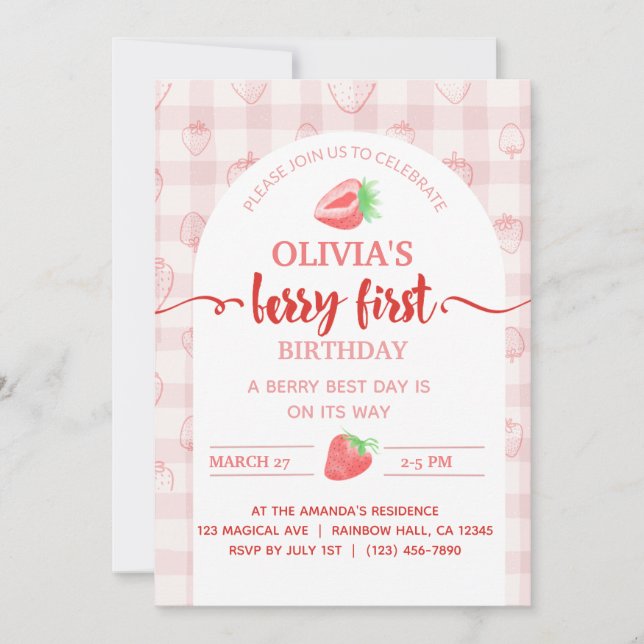Convite Minha primeira fruta de morango de aniversário de  (Frente)
