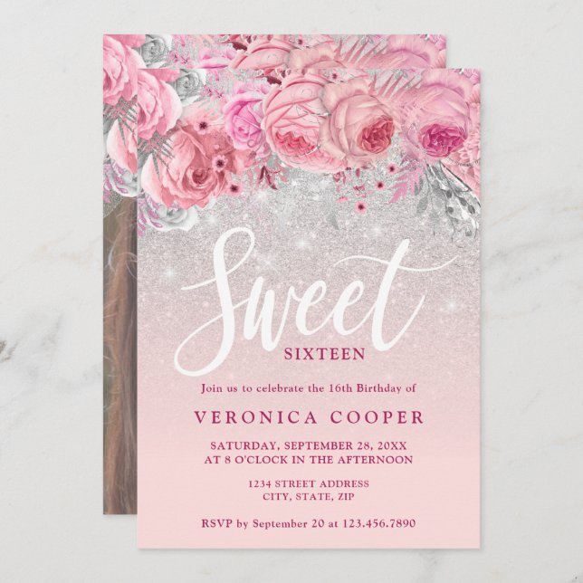 Convite Minhoca floral elegante doce de prata dezesseis (Frente/Verso)