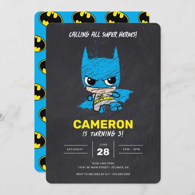 Convite Mini Aniversário Clássico do Chalkboard Batman (Frente/Verso)