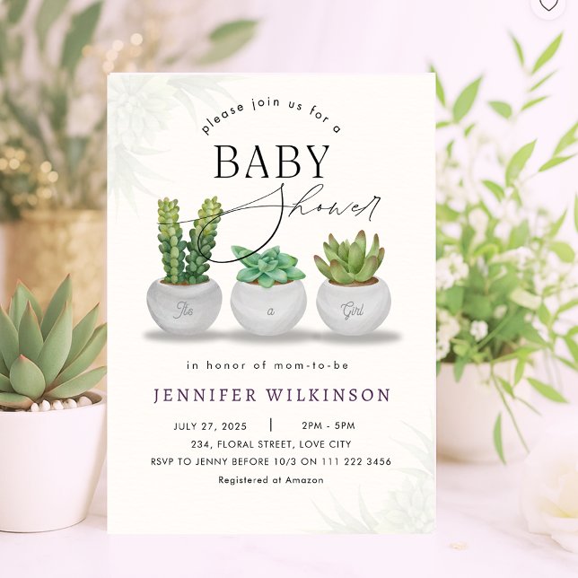 Convite Mini Chá de fraldas Verde Suculente (Mini Succulent Greenery Baby Shower Invitation)