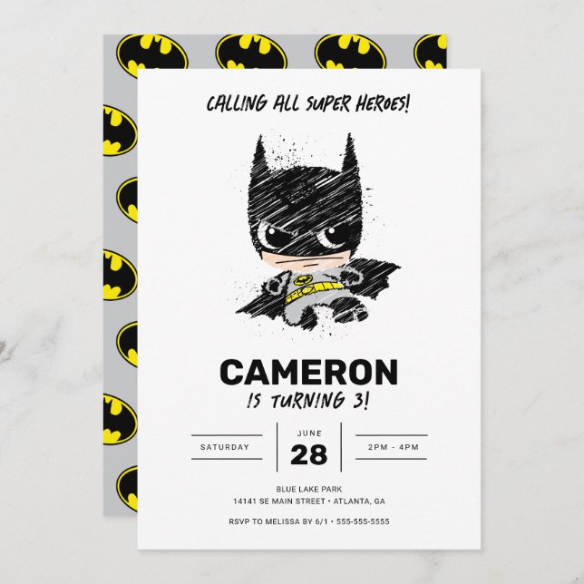 Convite Mini Classic Batman Sketch Birthday (Frente/Verso)