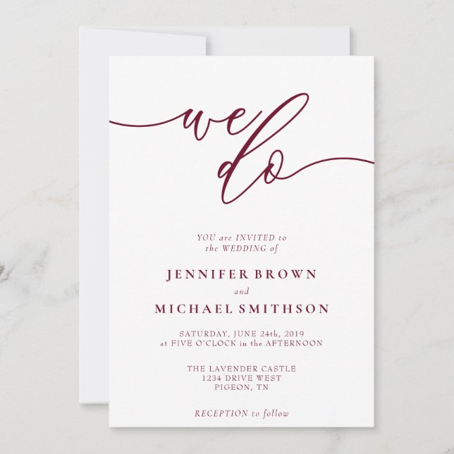 Convite Mínima Assinatura Burgundy Fazemos Casamento Typo (Frente)