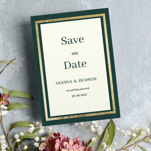 Convite Mínima floresta de ouro marfim verde Salve a data (Minimalist ivory gold forest green Save the Date)