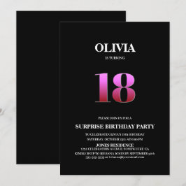 Convite Mínima surpresa negra e rosa 18º aniversário