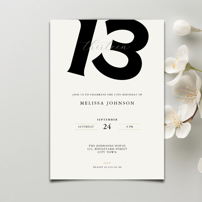 Convite Minimal 13th Birthday Invitation: Bold Typography (Criador carregado)