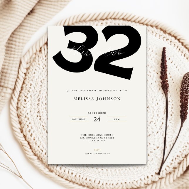 Convite Minimal 32nd Birthday Invitation - Bold Typo (Minimal 32nd birthday invitation with bold typography)