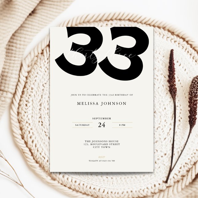 Convite Minimal 33rd Birthday Invitation - Bold Typo (Minimal 33rd birthday invitation with bold typography)