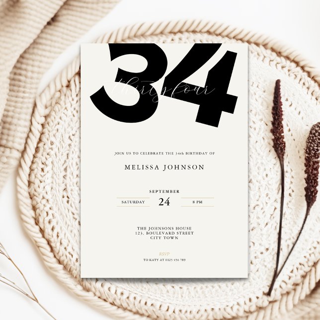 Convite Minimal 34th Birthday Invitation - Bold Typo (Minimal 34th birthday invitation with bold typography)