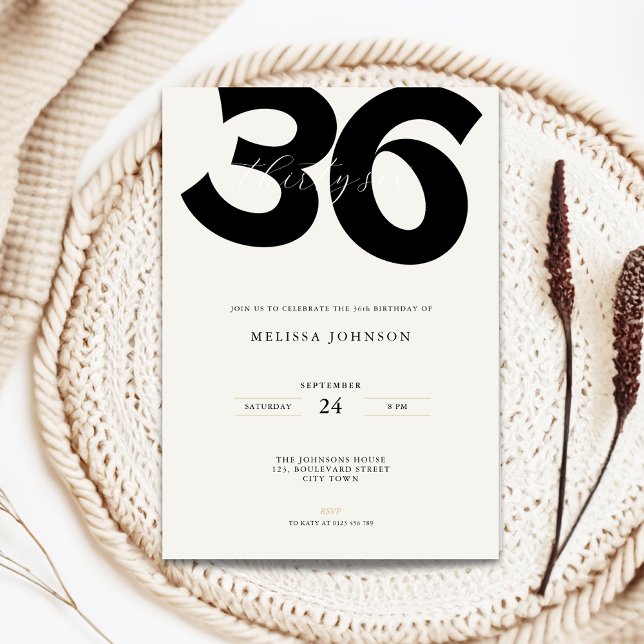 Convite Minimal 36th Birthday Invitation - Bold Typo (Minimal 36th birthday invitation with bold typography)