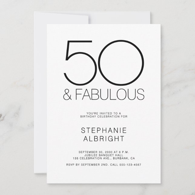 Convite Minimal 50 and Fabulous 50th Birthday Party (Frente)