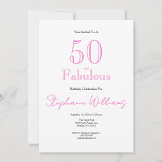 Convite Minimal 50 and Fabulous Pink 50th Birthday