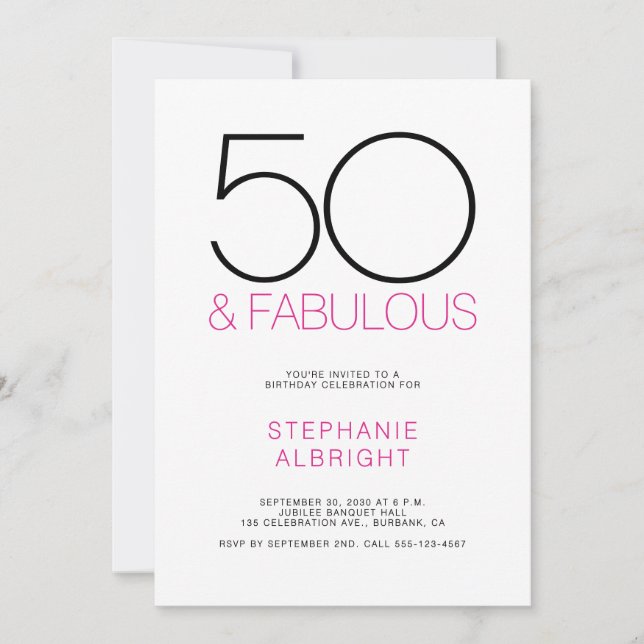 Convite Minimal 50 and Fabulous Pink 50th Birthday Party (Frente)