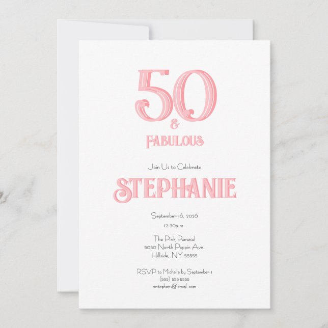 Convite Minimal 50 and Fabulous Pink 50th Birthday Party (Frente)