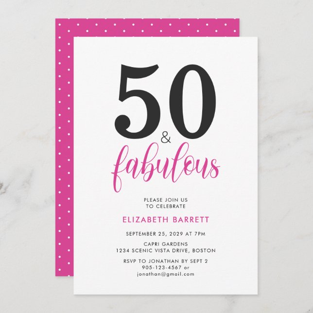 Convite Minimal 50 and Fabulous Pink 50th Birthday Party (Frente/Verso)