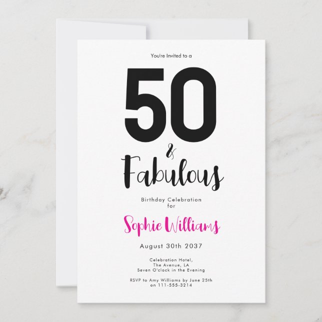Convite Minimal 50 and Fabulous Pink 50th Birthday Party (Frente)