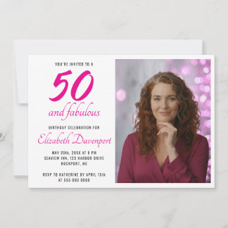 Convite Minimal 50 and Fabulous Pink Photo Birthday