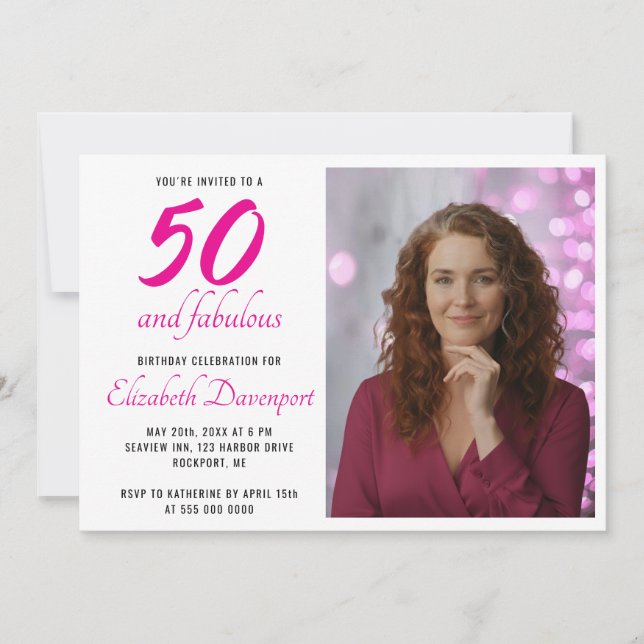 Convite Minimal 50 and Fabulous Pink Photo Birthday (Frente)