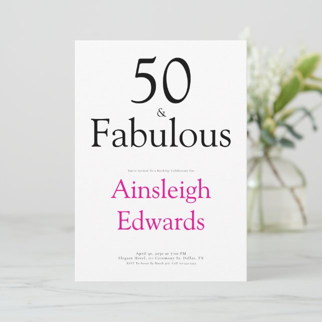 Convite Minimal 50 & Fabulous Pink Fiftieth Birthday Party (Em pé/Frente)