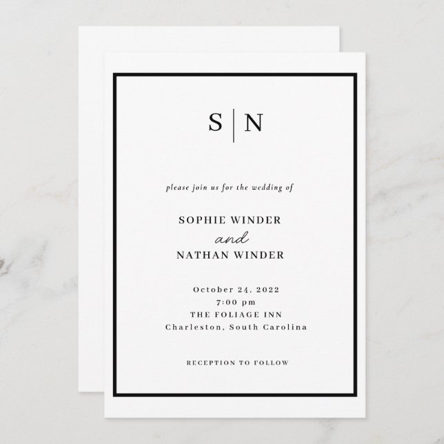 Convite Minimal and Chic | Black and White Wedding (Frente/Verso)
