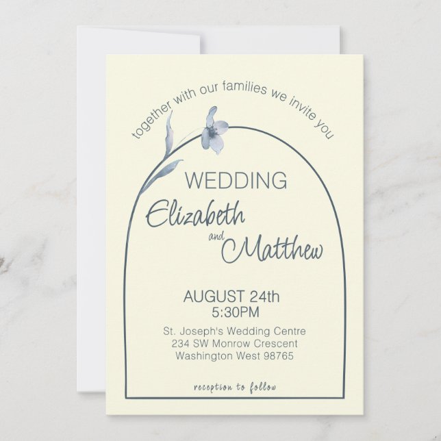 Convite Minimal Arched Pale Blue Floral Cream Wedding (Frente)