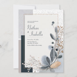 Convite Minimal Azul Cinza Dourado Botânico Glitter Casame