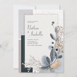 Convite Minimal Azul Cinza Dourado Botânico Glitter Casame