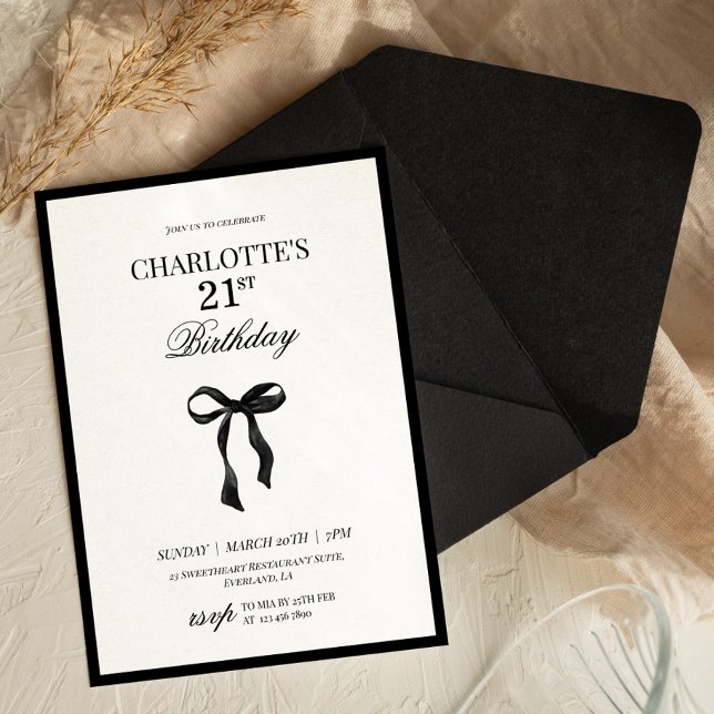 Convite Minimal Black Bow 21th Birthday Invitation (Criador carregado)