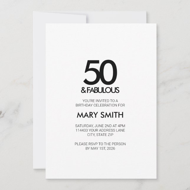 Convite Minimal Black Fifty and Fabulous 50th Birthday (Frente)