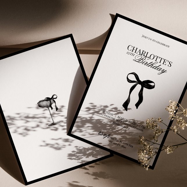 Convite Minimal Black & White Bow Birthday Invitation (Criador carregado)