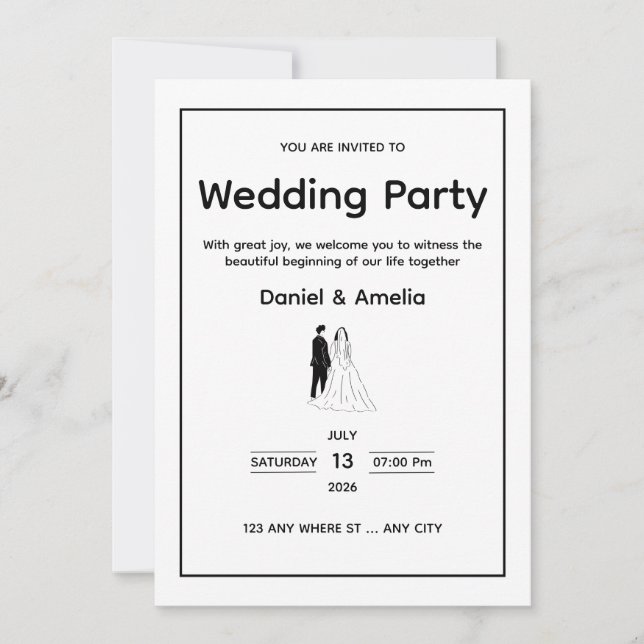 Convite Minimal Black & White Wedding Invitation (Frente)