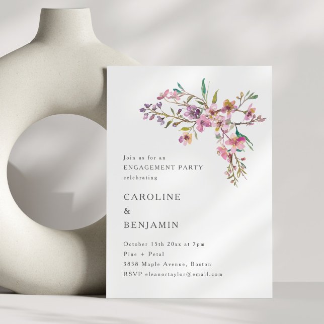 Convite Minimal Boho Pink Wildflowers Engagement Party (Criador carregado)