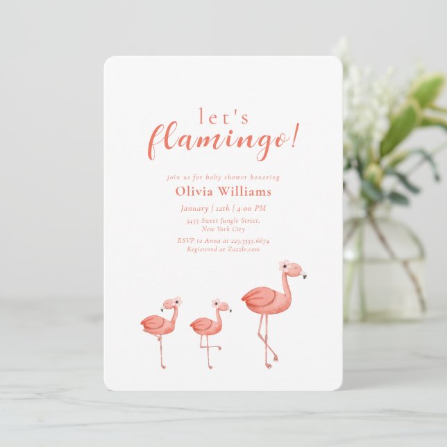 Convite Minimal Boho Tropical Floral Flamingo Baby Shower (Em pé/Frente)