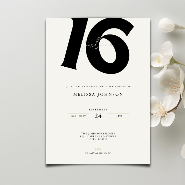 Convite Minimal Bold Typography sweet 16th Birthday  (Criador carregado)